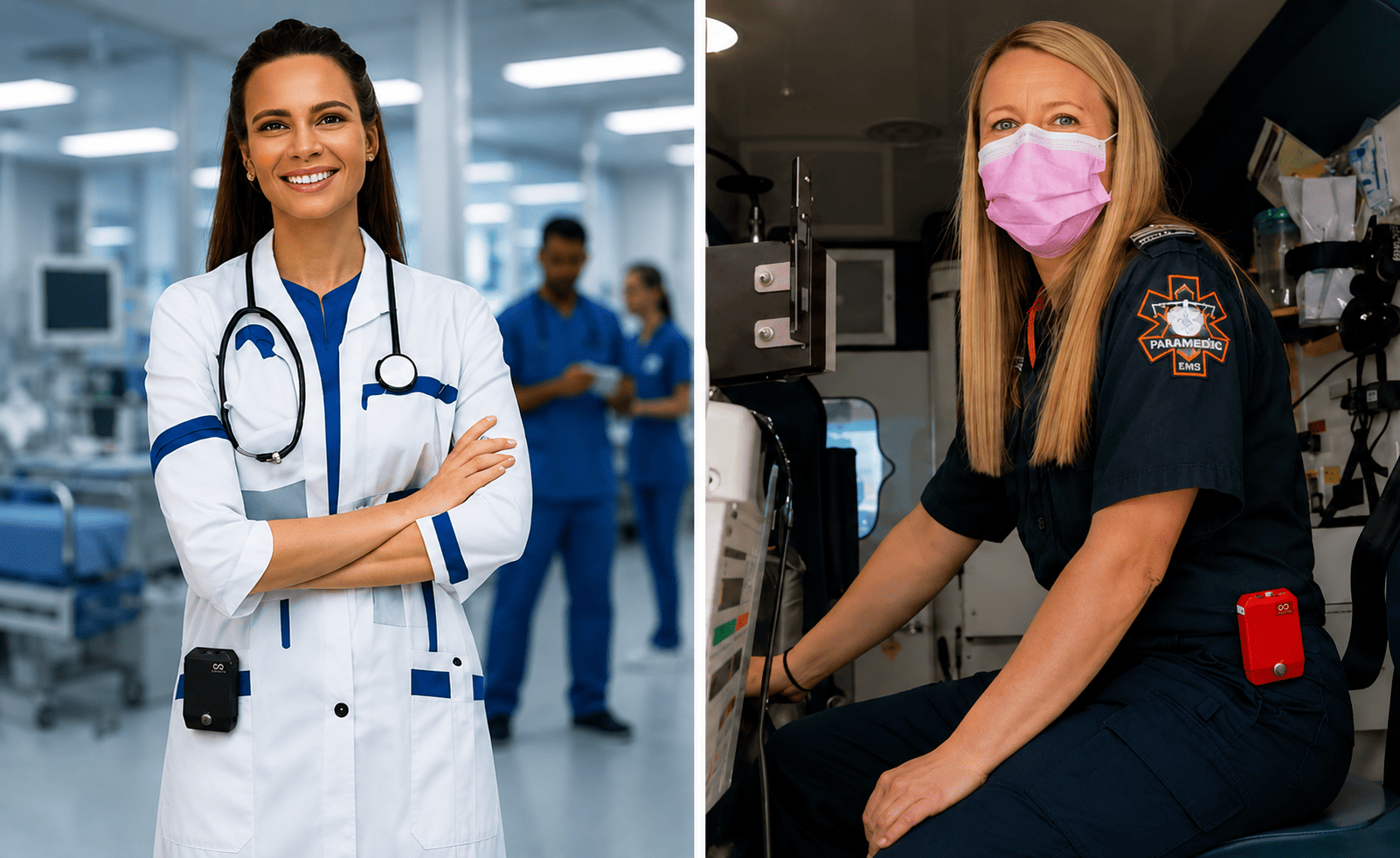 Clinician actively delivering patient care while wearing Clean Clip personal sanitizer