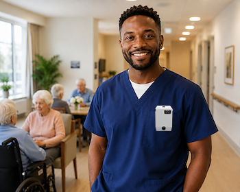 Caregiver in senior living facility using Clean Clip personal sanitizer